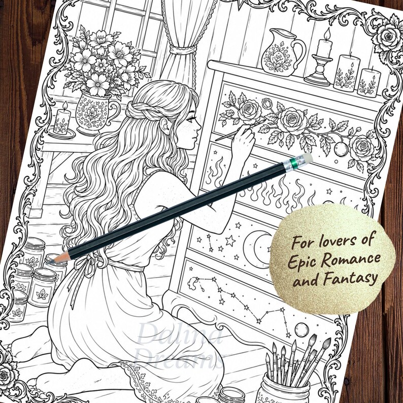Peut inclure: Page de coloriage en noir et blanc repr&eacute;sentant une femme peignant un motif floral sur un meuble. L'image comprend un crayon, des pinceaux et le texte "For lovers of Epic Romance and Fantasy."