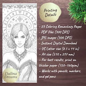 May include: Black and white digital coloring page featuring a detailed illustration of a fantasy character with a stern expression, holding two daggers. The image includes text: "Printing Details", "23 High-Resolution Coloring Pages", "PDF files", "Instant Digital Download", "US Letter size (8.5 x 11 in)", and more.