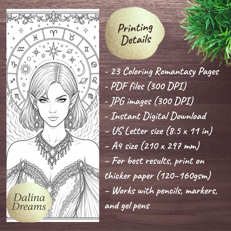 May include: Black and white digital coloring page featuring a detailed illustration of a fantasy character with a stern expression, holding two daggers. The image includes text: "Printing Details", "23 High-Resolution Coloring Pages", "PDF files", "Instant Digital Download", "US Letter size (8.5 x 11 in)", and more.
