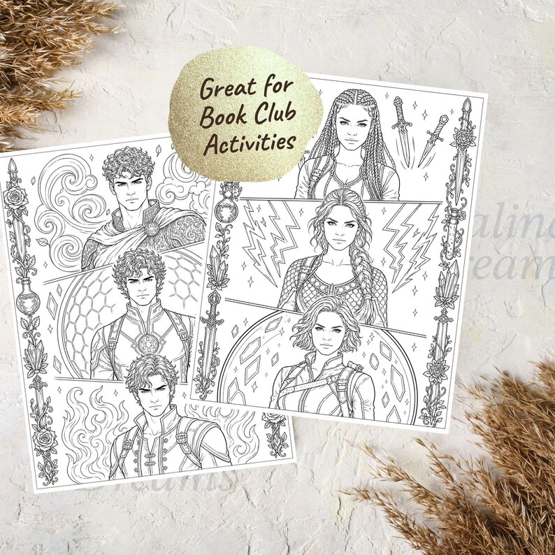 May include: Black and white coloring pages featuring fantasy characters. The pages have decorative borders with swords, roses, and crystals. A gold circle with the text "Great for Book Club Activities" is in the upper left corner.