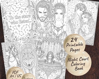 Coloriages Night Court Fantasy pour adultes | Dessin au trait Romantasy Fae imprimable (téléchargement PDF)