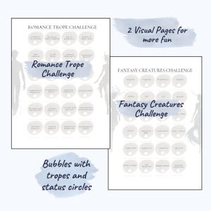 May include: Two-page spread with text and illustrations for a romance and fantasy challenge. The left page is titled "Romance Trope Challenge" with various trope bubbles. The right page is titled "Fantasy Creatures Challenge" with creature bubbles. Text includes "2 Visual Pages for more fun."