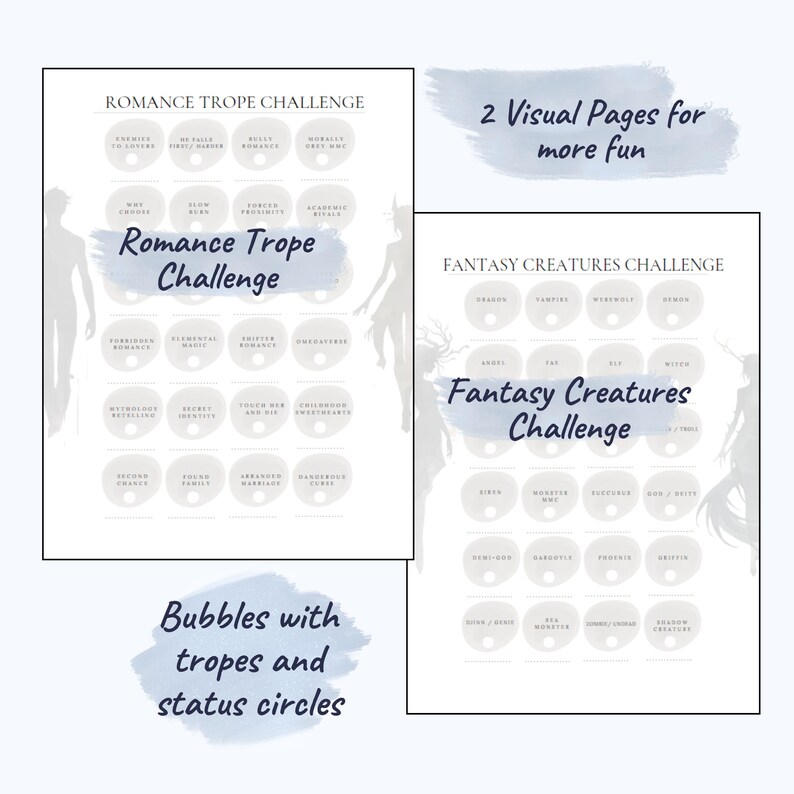 May include: Two-page spread with text and illustrations for a romance and fantasy challenge. The left page is titled "Romance Trope Challenge" with various trope bubbles. The right page is titled "Fantasy Creatures Challenge" with creature bubbles. Text includes "2 Visual Pages for more fun."
