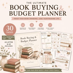May include: A printable PDF book buying and budget planner with 30 pages. The cover features a stack of books, a cup of coffee, and glasses. The planner includes sections for tracking spending and planning budgets. The text reads "The Ultimate Book Buying & Budget Planner."