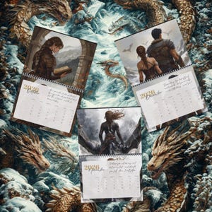 May include: A 2026 wall calendar featuring fantasy illustrations of characters and dragons. The pages for October, November, and December display monthly grids with dates, alongside artwork depicting a person reading, riding a dragon, and standing with a companion. The calendar is spiral-bound at the top of each page.