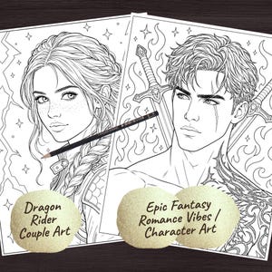 May include: Two black and white fantasy art coloring pages featuring a woman and a man with swords. The woman has long braided hair, and the man has short, wavy hair. A black pencil rests on the pages. Text on the pages reads "Dragon Rider Couple Art" and "Epic Fantasy Romance Vibes / Character Art."
