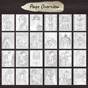 May include: A collection of black and white fantasy illustrations, featuring detailed drawings of characters, dragons, and scenes. The text "Page Overview" is at the top. The images are arranged in a grid pattern.
