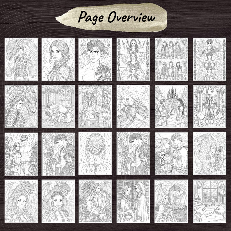 May include: A collection of black and white fantasy illustrations, featuring detailed drawings of characters, dragons, and scenes. The text "Page Overview" is at the top. The images are arranged in a grid pattern.