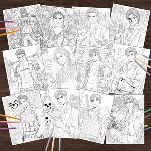 May include: A collection of black and white coloring pages featuring male figures in various action poses. Each page showcases a different character with unique attire and accessories, including weapons, masks, and tattoos. Colored pencils are scattered around the pages.