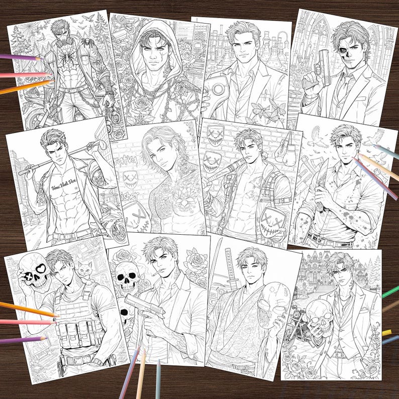 May include: A collection of black and white coloring pages featuring male figures in various action poses. Each page showcases a different character with unique attire and accessories, including weapons, masks, and tattoos. Colored pencils are scattered around the pages.