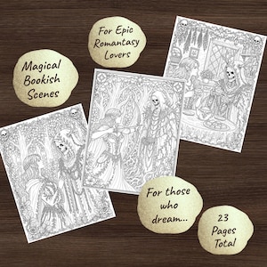 Peut inclure: Plusieurs pages de coloriage fantastiques en noir et blanc avec des illustrations de personnages en costume m&eacute;di&eacute;val, dont une figure squelettique. Les pages sont accompagn&eacute;es du texte "Magical Bookish Scenes", "For Epic Romantasy Lovers", "For those who dream..." et "23 Pages Total".
