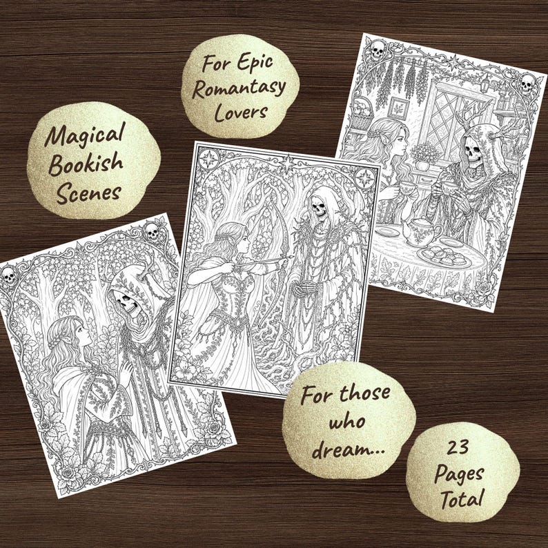 Peut inclure: Plusieurs pages de coloriage fantastiques en noir et blanc avec des illustrations de personnages en costume m&eacute;di&eacute;val, dont une figure squelettique. Les pages sont accompagn&eacute;es du texte "Magical Bookish Scenes", "For Epic Romantasy Lovers", "For those who dream..." et "23 Pages Total".