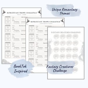 May include: A collection of printable worksheets with a fantasy theme. The worksheets include prompts for a Romantasy Trope Challenge and a Fantasy Creatures Challenge. The text includes "Unique Romantasy Themes", "BookTok Inspired", and "Fantasy Creatures Challenge".