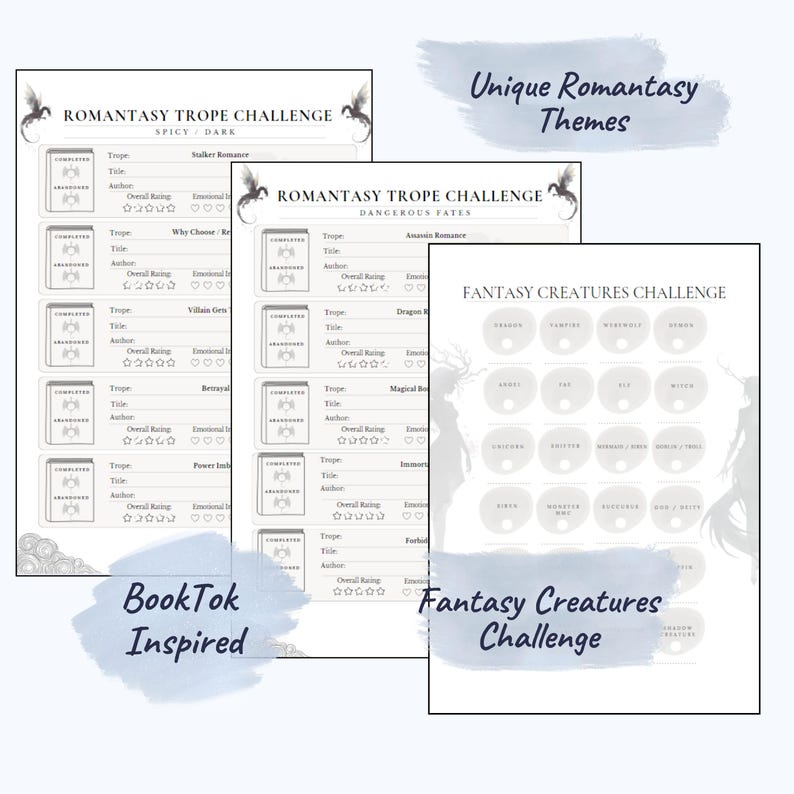 May include: A collection of printable worksheets with a fantasy theme. The worksheets include prompts for a Romantasy Trope Challenge and a Fantasy Creatures Challenge. The text includes "Unique Romantasy Themes", "BookTok Inspired", and "Fantasy Creatures Challenge".