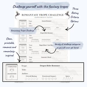 May include: A printable Romantasy Trope Challenge sheet with the text "Challenge yourself with the fantasy tropes." The sheet includes sections for rating books based on trope, title, author, and spice level. The design is clean and romance-inspired.