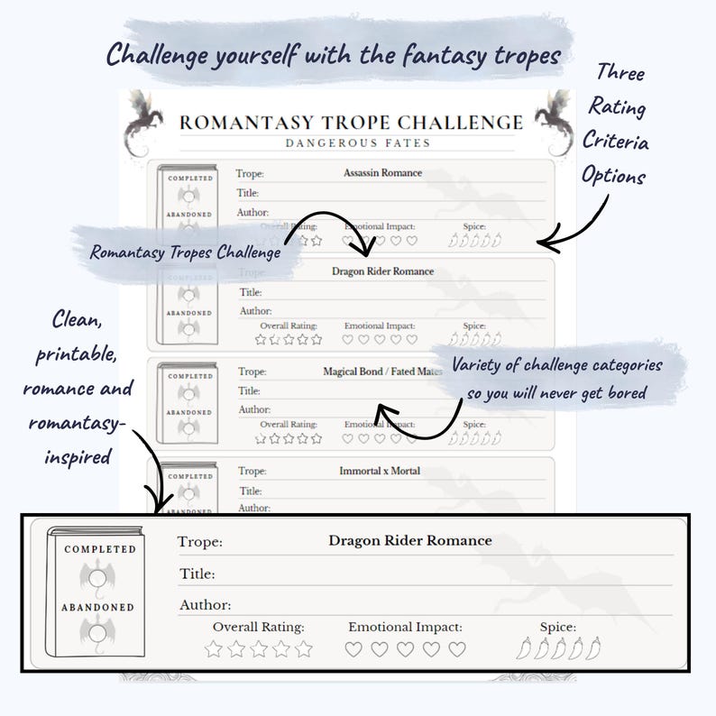 May include: A printable Romantasy Trope Challenge sheet with the text "Challenge yourself with the fantasy tropes." The sheet includes sections for rating books based on trope, title, author, and spice level. The design is clean and romance-inspired.