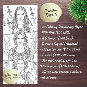 May include: Black and white line art coloring pages featuring three women with fantasy themes. The image includes text that says "Printing Details" and lists the product's features, including US Letter size (8.5 x 11 in) and A4 size (210 x 297 mm).