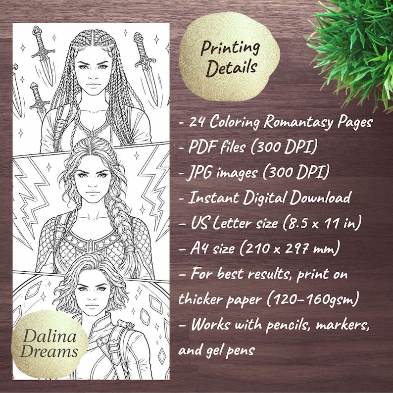 May include: Black and white line art coloring pages featuring three women with fantasy themes. The image includes text that says "Printing Details" and lists the product's features, including US Letter size (8.5 x 11 in) and A4 size (210 x 297 mm).