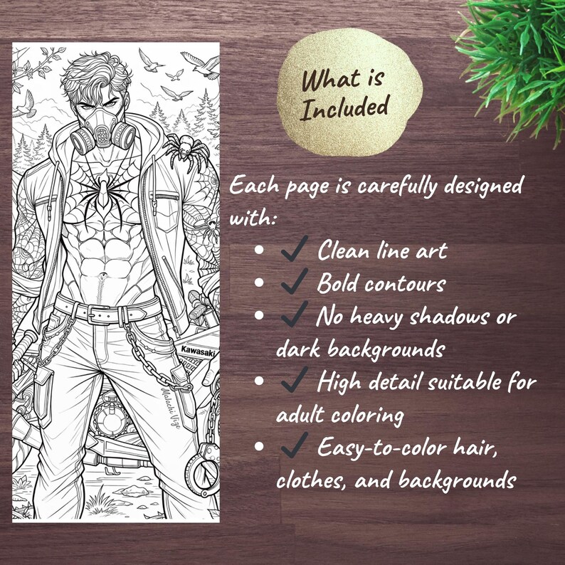 May include: Black and white adult coloring book page featuring a male figure with a gas mask, spiderweb design, and the text "Kawasaki". The page includes text that says "What is Included" and lists features like clean line art and bold contours.