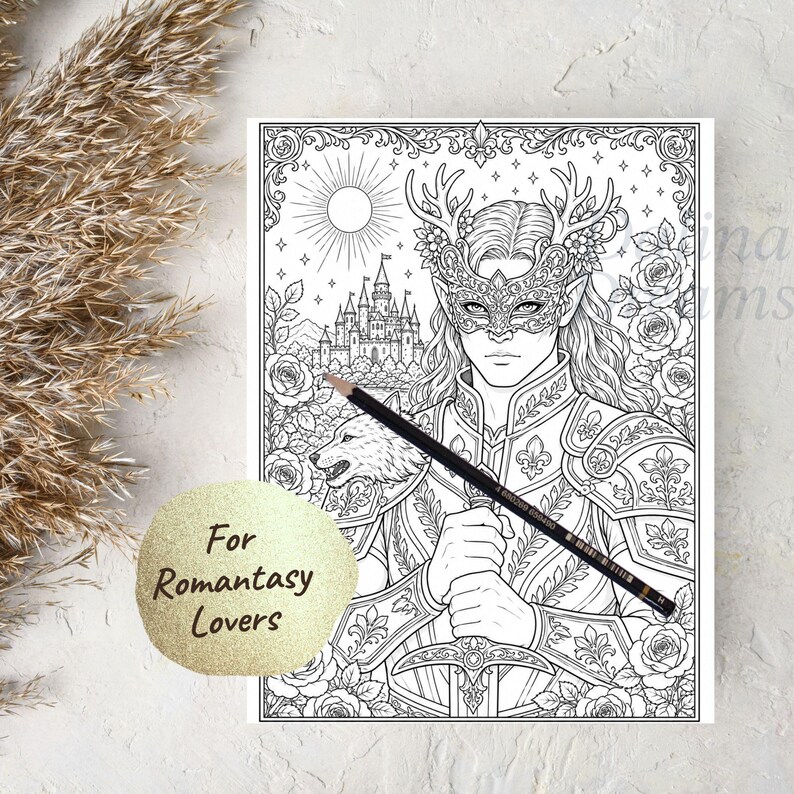 Peut inclure: Page de livre de coloriage en noir et blanc avec une illustration fantastique d'un personnage masqu&eacute;, avec des bois et une armure, tenant une &eacute;p&eacute;e. Un crayon est pos&eacute; sur la page. Le texte "For Romantasy Lovers" est sur un cercle dor&eacute;.