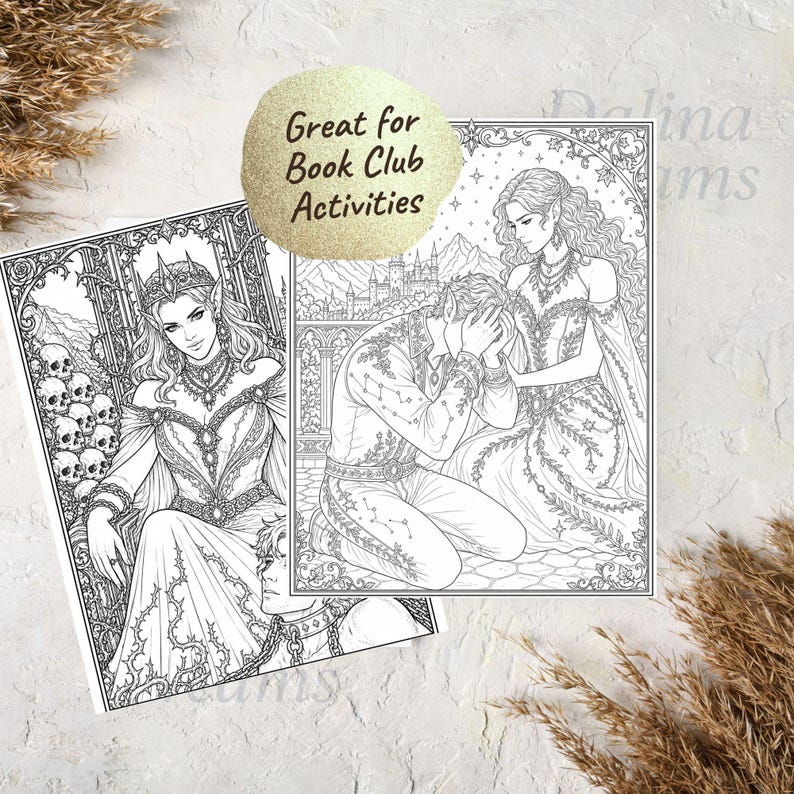 Peut inclure: Deux pages de livre de coloriage fantastique en noir et blanc. L'une repr&eacute;sente une femme couronn&eacute;e et v&ecirc;tue d'une robe assise sur un tr&ocirc;ne avec des cr&acirc;nes. L'autre montre un homme agenouill&eacute; devant une femme. Le texte dit "Great for Book Club Activities."