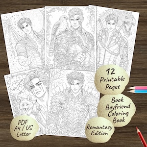 May include: A collection of black and white printable coloring pages featuring fantasy male characters. The pages include illustrations of men with wings, a hawk, a dragon, and a fox. The text on the image says "12 Printable Pages", "Book Boyfriend Coloring Book", "Romantasy Edition", and "PDF A4/US Letter".