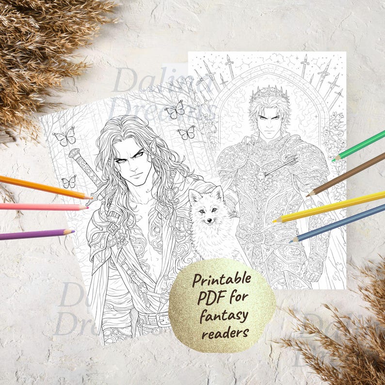 May include: Black and white fantasy coloring pages featuring detailed illustrations of male characters, a fox, butterflies, and swords. The text on the image reads "Printable PDF for fantasy readers." Colored pencils are scattered around the pages.