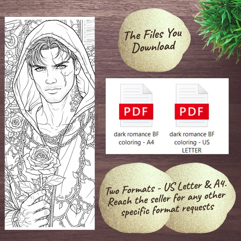 May include: Black and white line art of a man in a hooded jacket holding a rose, with chains and floral elements. Includes PDF files for dark romance coloring in US Letter and A4 formats. Text: "The Files You Download" and "Two Formats - US Letter & A4."