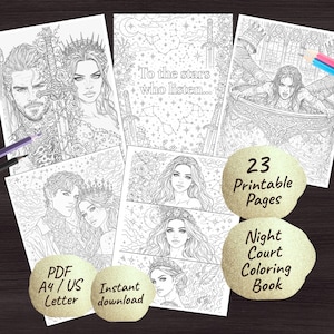 Może przedstawiać: Zbiór czarno-białych, drukowanych kolorowanek z motywami fantasy. Strony zawierają ilustracje postaci, mieczy i elementów niebieskich. Tekst na obrazku brzmi "To the stars who listen...", "23 Printable Pages" i "Night Court Coloring Book".