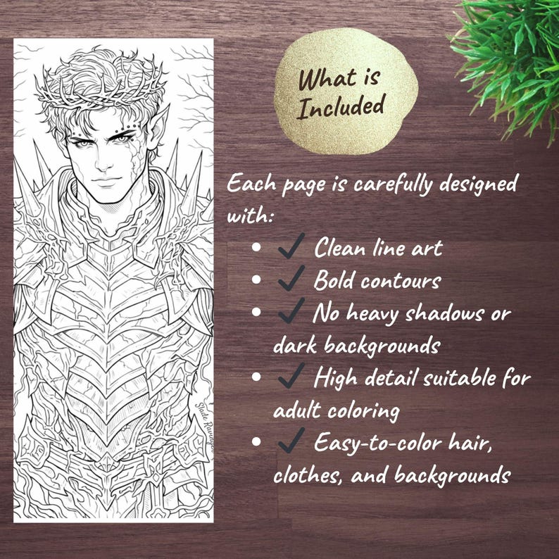 May include: Black and white illustration of a male figure with a crown and armor, suitable for adult coloring. Text on the right side says "What is Included" and lists features like clean line art and bold contours.
