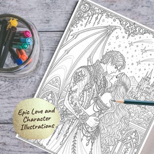 Peut inclure: Illustration en noir et blanc d'un couple enlac&eacute;, avec un ch&acirc;teau en arri&egrave;re-plan. L'image est une page &agrave; colorier avec des d&eacute;tails complexes, notamment des ailes et des &eacute;toiles. Le texte sur l'image dit "Epic Love and Character Illustrations". Un pot de marqueurs color&eacute;s est visible.