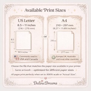 Peut inclure: Graphique cr&egrave;me pr&eacute;sentant les formats d'impression US Letter (8,5 x 11 pouces, 216 x 279 mm) et A4 (210 x 297 mm). Le texte indique les mesures en pouces et en millim&egrave;tres. Le texte "Dalina Dreams" est &eacute;galement inclus.