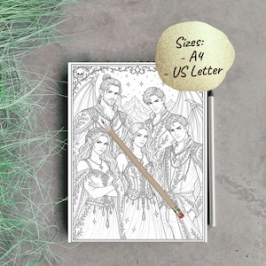 Peut inclure: Page de coloriage fantastique en noir et blanc repr&eacute;sentant un groupe de personnages aux v&ecirc;tements et accessoires d&eacute;taill&eacute;s. L'image comprend le texte "Sizes: - A4 - US Letter". Un crayon et un stylo sont plac&eacute;s sur l'image.