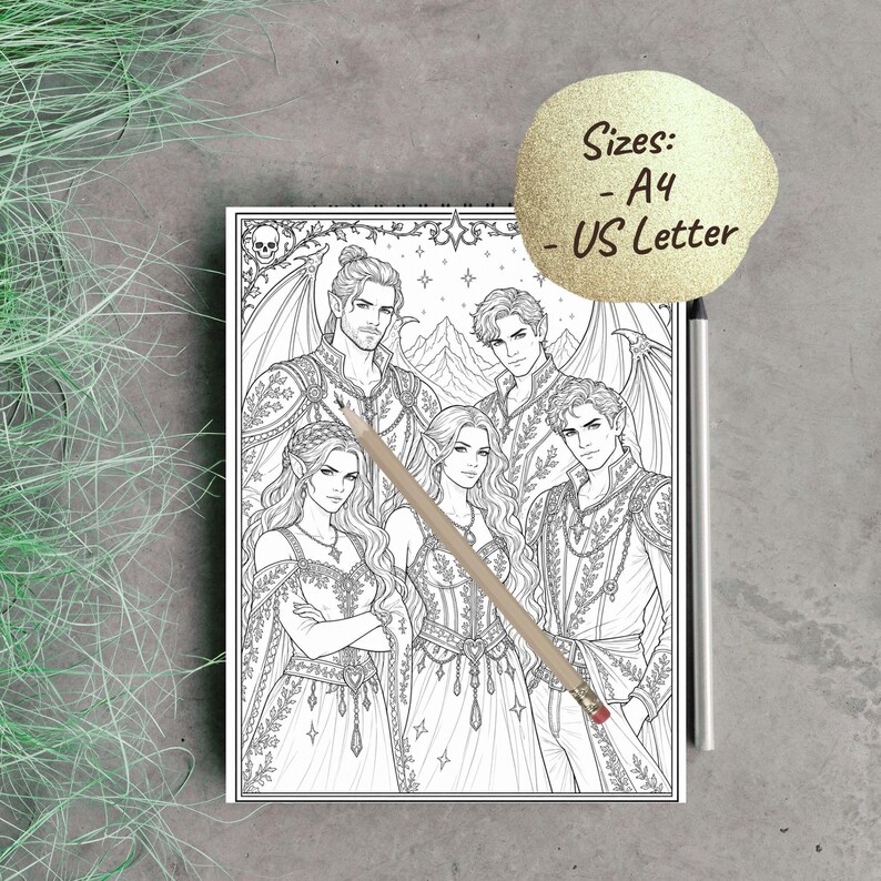 Peut inclure: Page de coloriage fantastique en noir et blanc repr&eacute;sentant un groupe de personnages aux v&ecirc;tements et accessoires d&eacute;taill&eacute;s. L'image comprend le texte "Sizes: - A4 - US Letter". Un crayon et un stylo sont plac&eacute;s sur l'image.