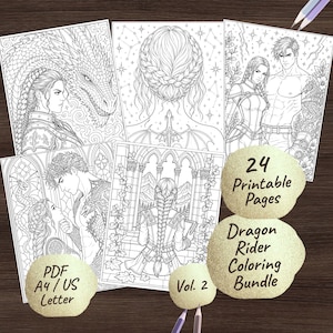 May include: A selection of black and white fantasy coloring pages featuring dragons and characters. The bundle includes 24 printable pages, labeled "Dragon Rider Coloring Bundle" and "Vol. 2". The pages are labeled "PDF A4 / US Letter".