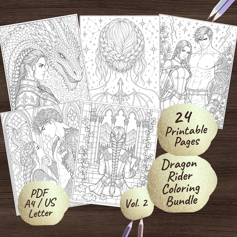 May include: A collection of black and white fantasy coloring pages featuring dragons and characters. The bundle includes 24 printable pages, labeled "Dragon Rider Coloring Bundle" and "Vol. 2". The pages are labeled "PDF A4 / US Letter".