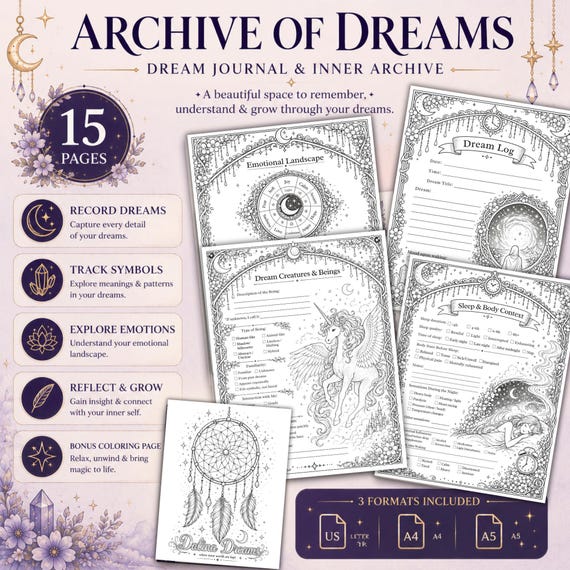 Dream Journal Printable PDF | Dream Symbols & Lucid Dream Tracker | Shadow Work Journal | Witchy Journal | US Letter A4 A5