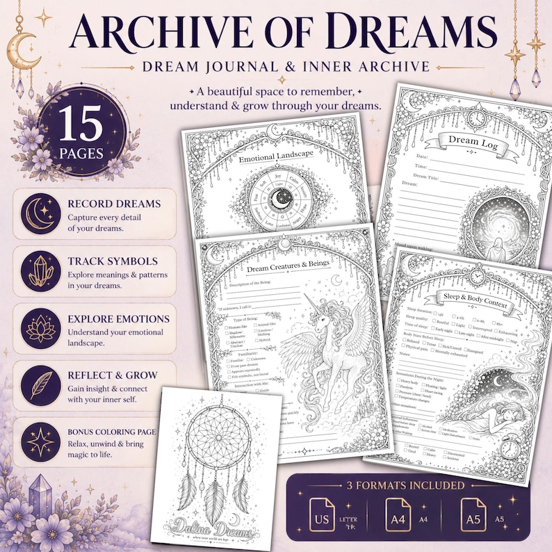 Dream Journal Printable PDF | Dream Symbols & Lucid Dream Tracker | Shadow Work Journal | Witchy Journal | US Letter A4 A5 image 1