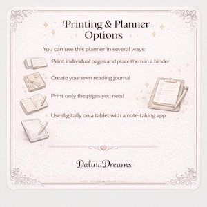 May include: A light-colored informational graphic titled Printing & Planner Options with decorative flourishes. It lists four usage methods for a planner, accompanied by small illustrations of loose pages, a journal, an open book, and a tablet with a stylus.