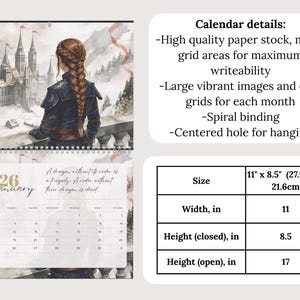 May include: A 2026 wall calendar featuring a watercolor illustration of a person with a braided hairstyle looking at a castle. The calendar includes a date grid for January, spiral binding, and a hanging hole. Dimensions are 11 inches by 8.5 inches.