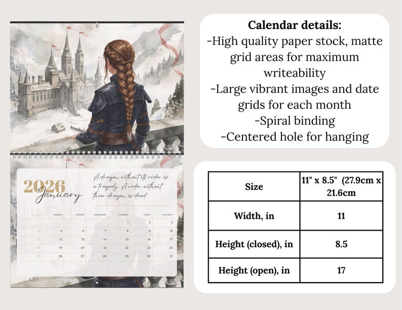 May include: A 2026 wall calendar featuring a watercolor illustration of a person with a braided hairstyle looking at a castle. The calendar includes a date grid for January, spiral binding, and a hanging hole. Dimensions are 11 inches by 8.5 inches.