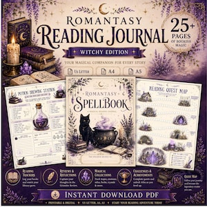 May include: A Romantasy Reading Journal digital download featuring a witchy theme. The cover displays a black cat, a cauldron, and the text Romantasy Spellbook. Includes a Potion Brewing Station page, a Reading Quest Map, and 25+ pages of bookish magic in US Letter, A4, and A5 sizes.