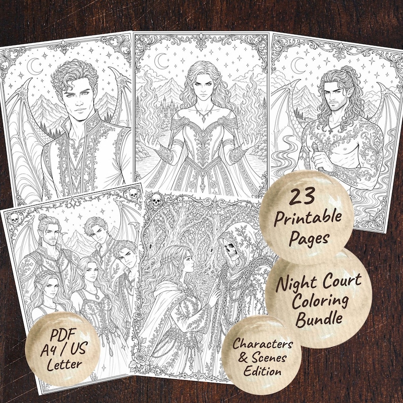 May include: A collection of black and white coloring pages featuring fantasy characters, with the text "23 Printable Pages", "Night Court Coloring Book", and "Characters & Scenes Edition". Includes PDF A4/US Letter.