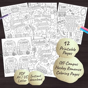 May include: A collection of black and white printable coloring pages with hockey and romance themes. The pages feature illustrations of hockey jerseys, cocktails, and phrases like "In My Hockey Romance Era" and "Sweet Cherry Pie." Includes 12 pages, PDF A4/US Letter, instant download.