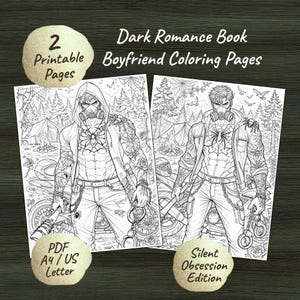 May include: Two printable coloring pages featuring a dark romance theme. The pages display detailed black and white illustrations of a man with tattoos, a gas mask, and a spider design. Text includes "Dark Romance Book Boyfriend Coloring Pages."