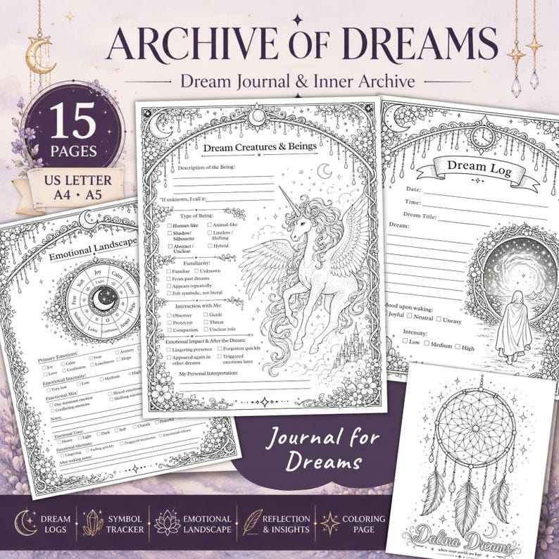 May include: A printable dream journal set titled Archive of Dreams featuring 15 pages in US Letter, A4, and A5 sizes. The pages include black and white line art illustrations of a unicorn, a dream catcher, and various templates for dream logs.