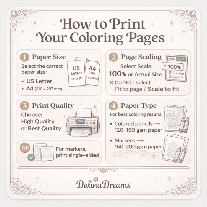 Peut inclure: Un guide intitul&eacute; "Comment imprimer vos pages &agrave; colorier" avec des instructions pour le format du papier, la mise &agrave; l'&eacute;chelle de la page, la qualit&eacute; d'impression et le type de papier. Comprend des illustrations de formats de papier, d'une imprimante et de crayons de couleur.