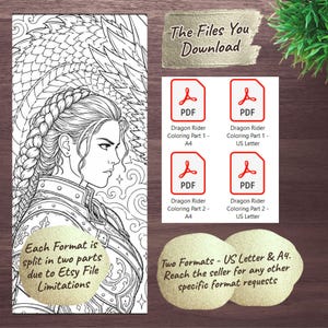 May include: Black and white digital download featuring a detailed illustration of a woman with a braid, armor, and a dragon wing design. Includes four PDF files labeled "Dragon Rider Coloring" in A4 and US Letter formats. Text reads "The Files You Download".