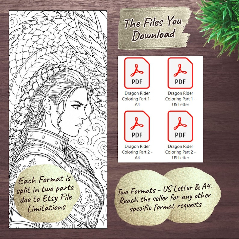 May include: Black and white digital download featuring a detailed illustration of a woman with a braid, armor, and a dragon wing design. Includes four PDF files labeled "Dragon Rider Coloring" in A4 and US Letter formats. Text reads "The Files You Download".