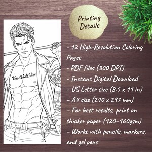 May include: Black and white line art of a muscular figure with the text "Veni Vidi Vici". The image is a coloring page with details including 12 high-resolution pages, PDF files, and US Letter size (8.5 x 11 in).